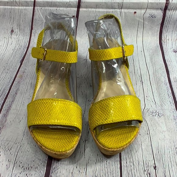 Stuart Weitzman Yellow Snake Embossed Strappy Cork